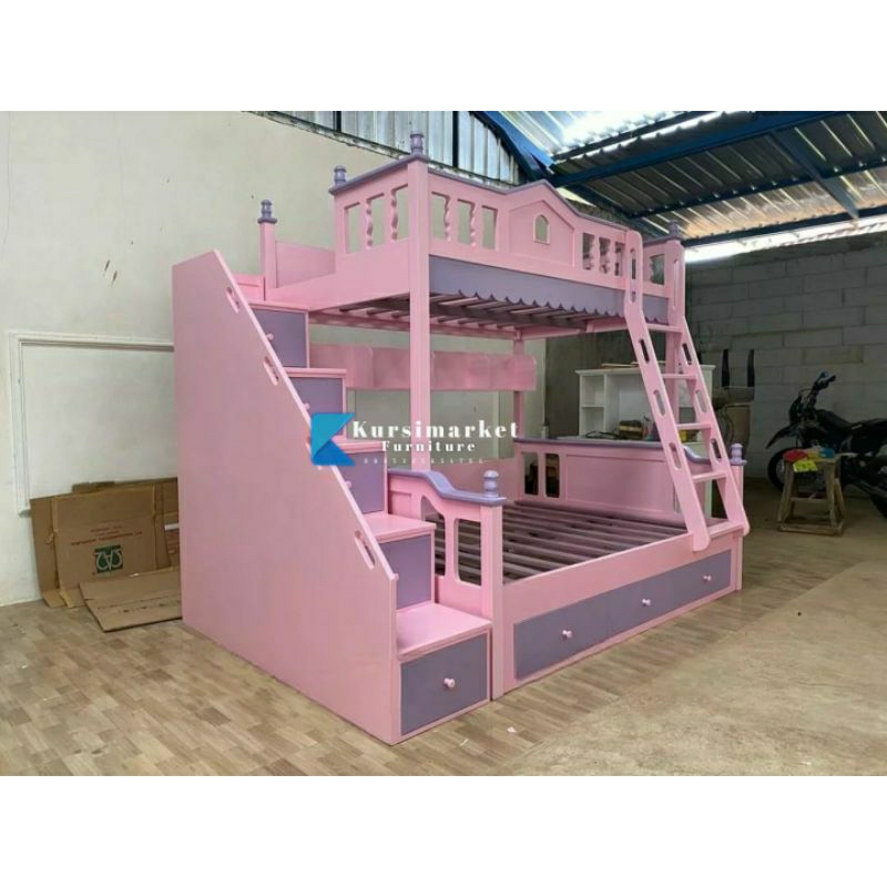 Ranjang tidur tingkat pink anak prempuan tempat tidur tingkat prosotan dipan tingkat pink murah