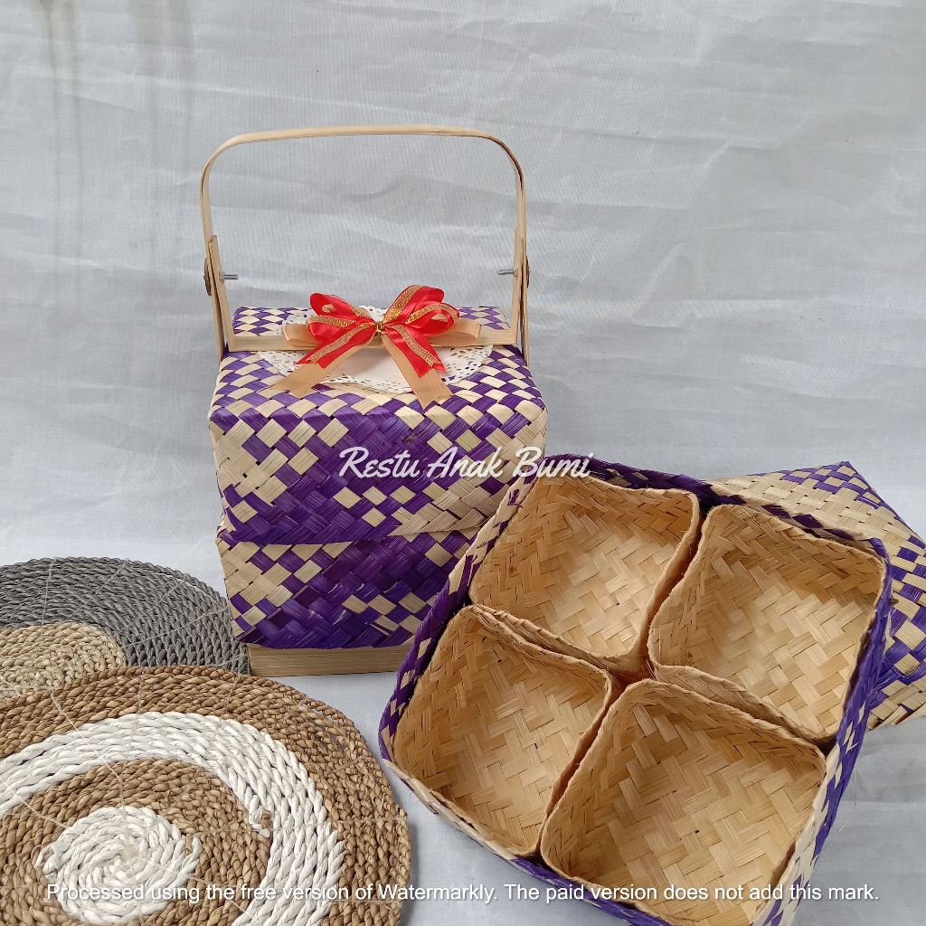 NEW PRODUCT Besek Tenteng Motif Ungu Sekat Pita Kertas 20cm | box keranjang bambu box hantaran | tem