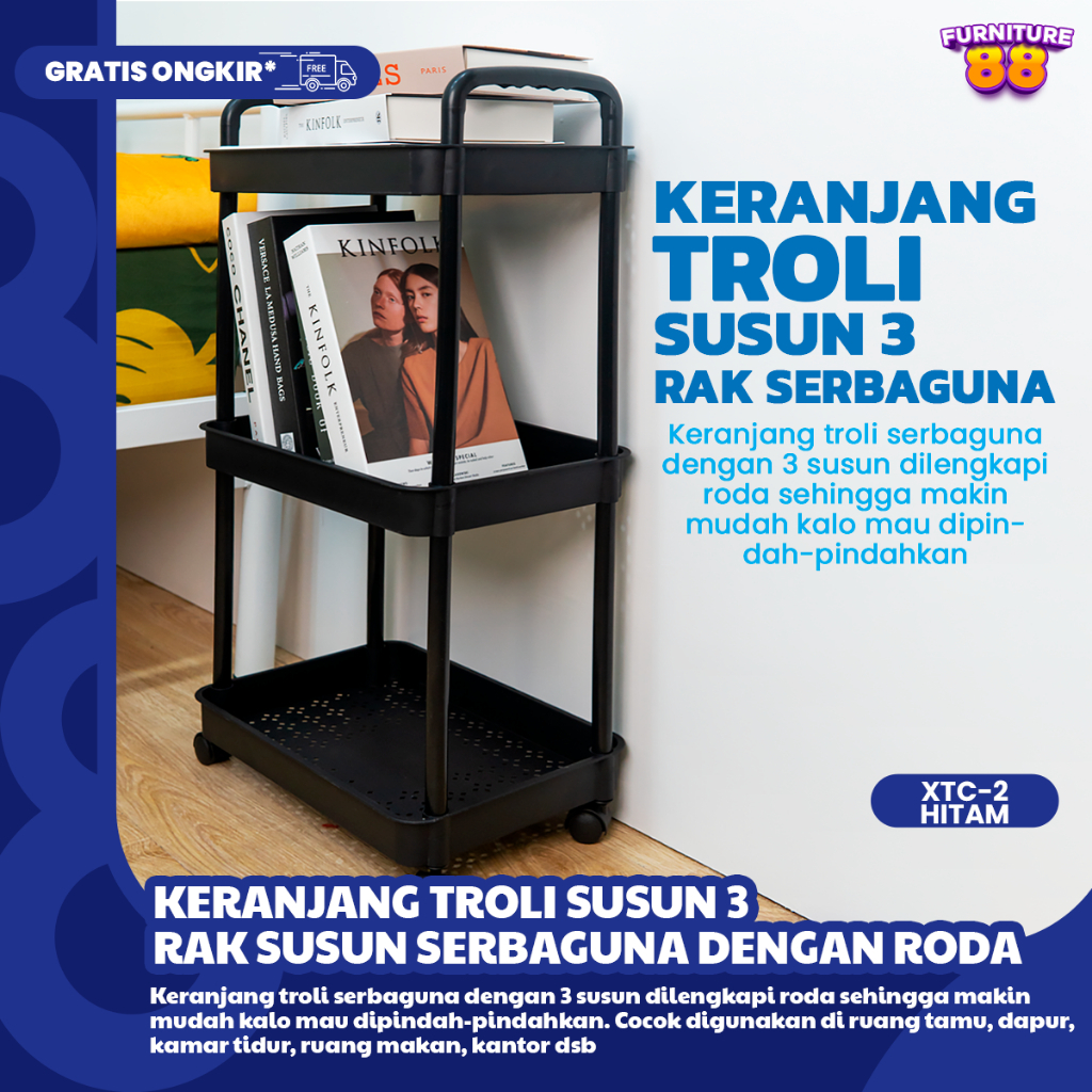 Rak Dapur Plastik 3 Susun Rak Makanan Plastik Rak Praktis Rak Dorong Serbaguna Plastik PP