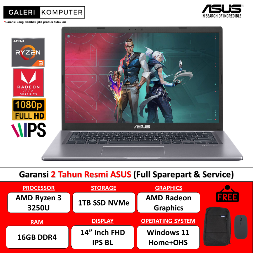 LAPTOP GAMING ASUS VIVOBOOK M415DAO AMD RYZEN 3 3250U 16GB 1TB FHD WINDOWS 11 HOME GARANSI RESMI 2 T