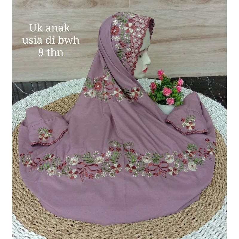 Mukena Anak Putih Terusan Lajuran Bordir / Kain Warna