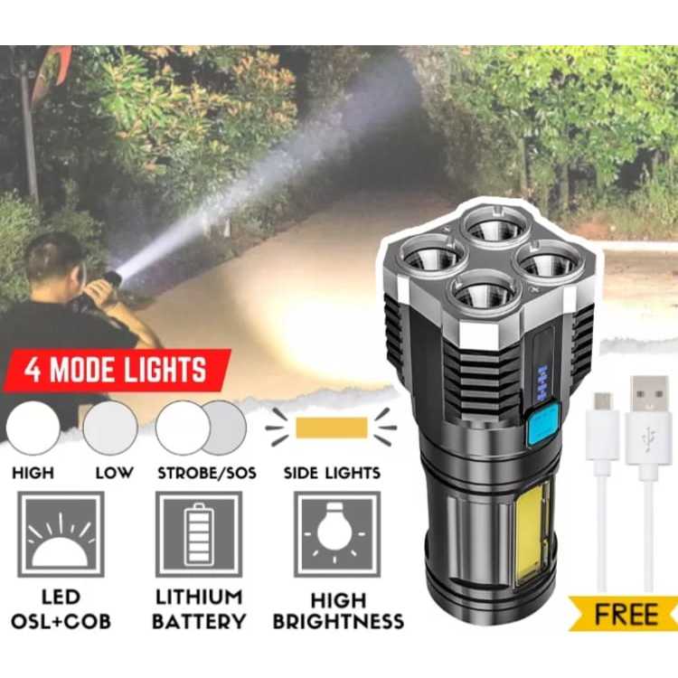 SENTER SOROT LED 4 MATA EMERGENSI SUPER TERANG BISA DI CAS SENTER LED