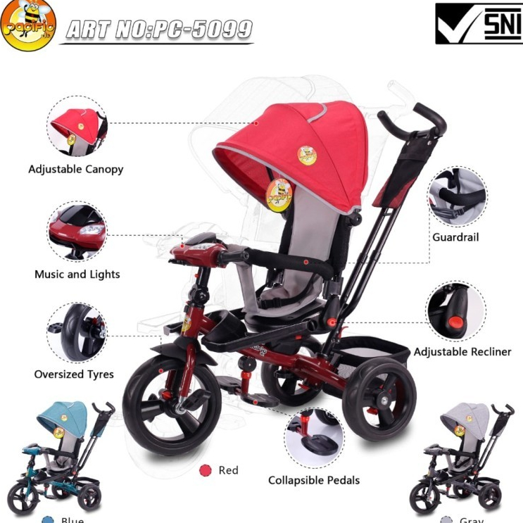 Sepeda roda tiga tricycle anak pacific 5099 stroller sepeda anak 1-4 tahun higi quality ada musik da
