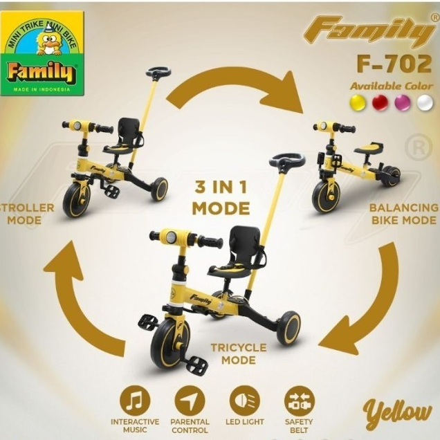 Balance bike family 702 tricycle sepeda anak roda tiga 3 in 1 musik dan dorongan ada safety belt ama