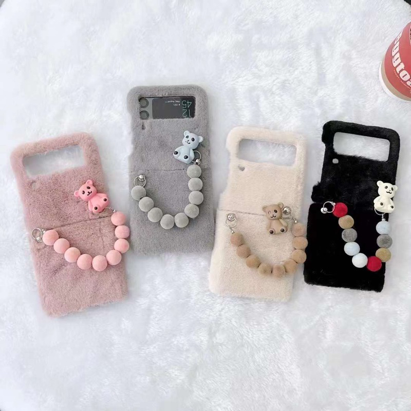 NEW Cute Case Fur Furry Bulu Bulu Teddy Bear Black Pink Grey Cream Warna Polos Pastel Colour casing 