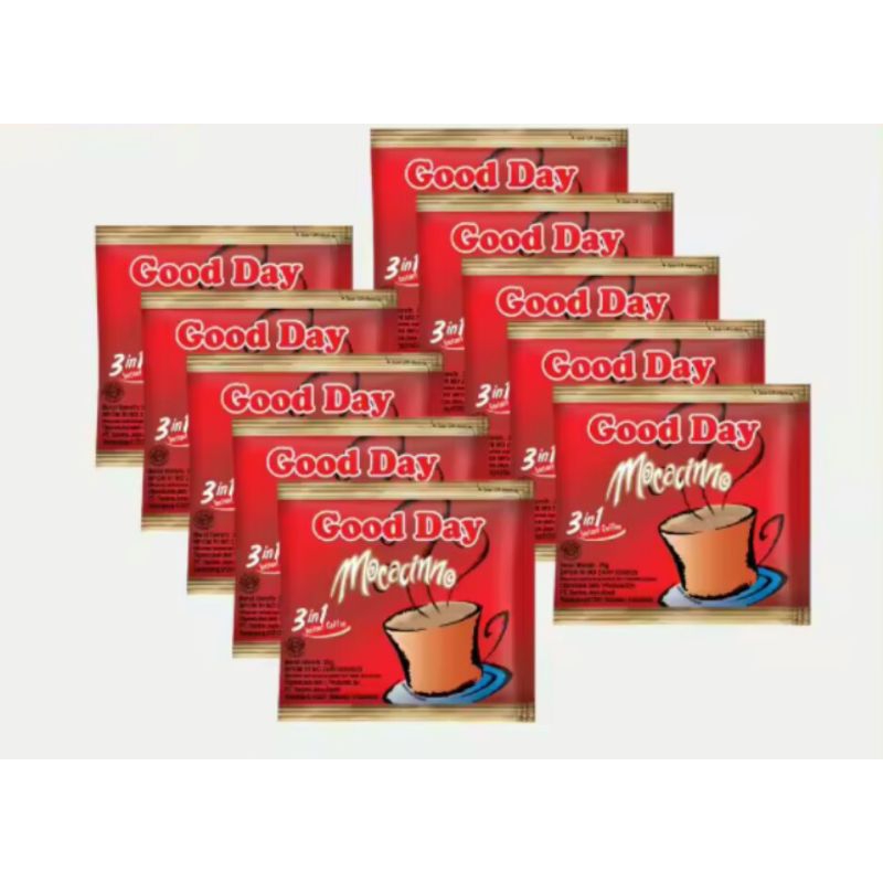 

kopi good day Moschino 1 renceng mocacino spesial isi 10 pcs 20gr × 10pcs