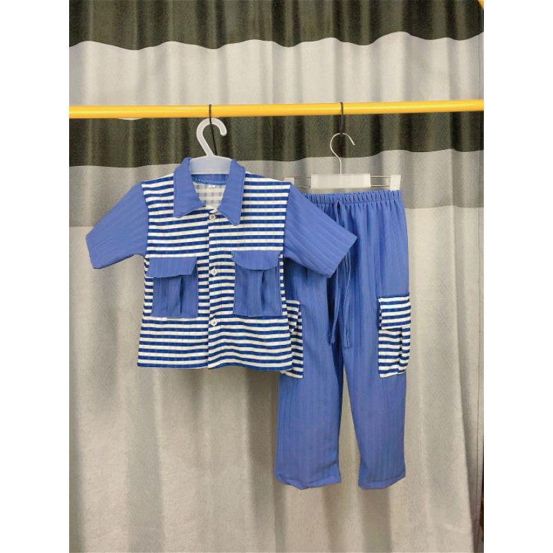 SETELAN ANAK KNIT KEMEJA CROP TOP UNISEX 1-10 TAHUN