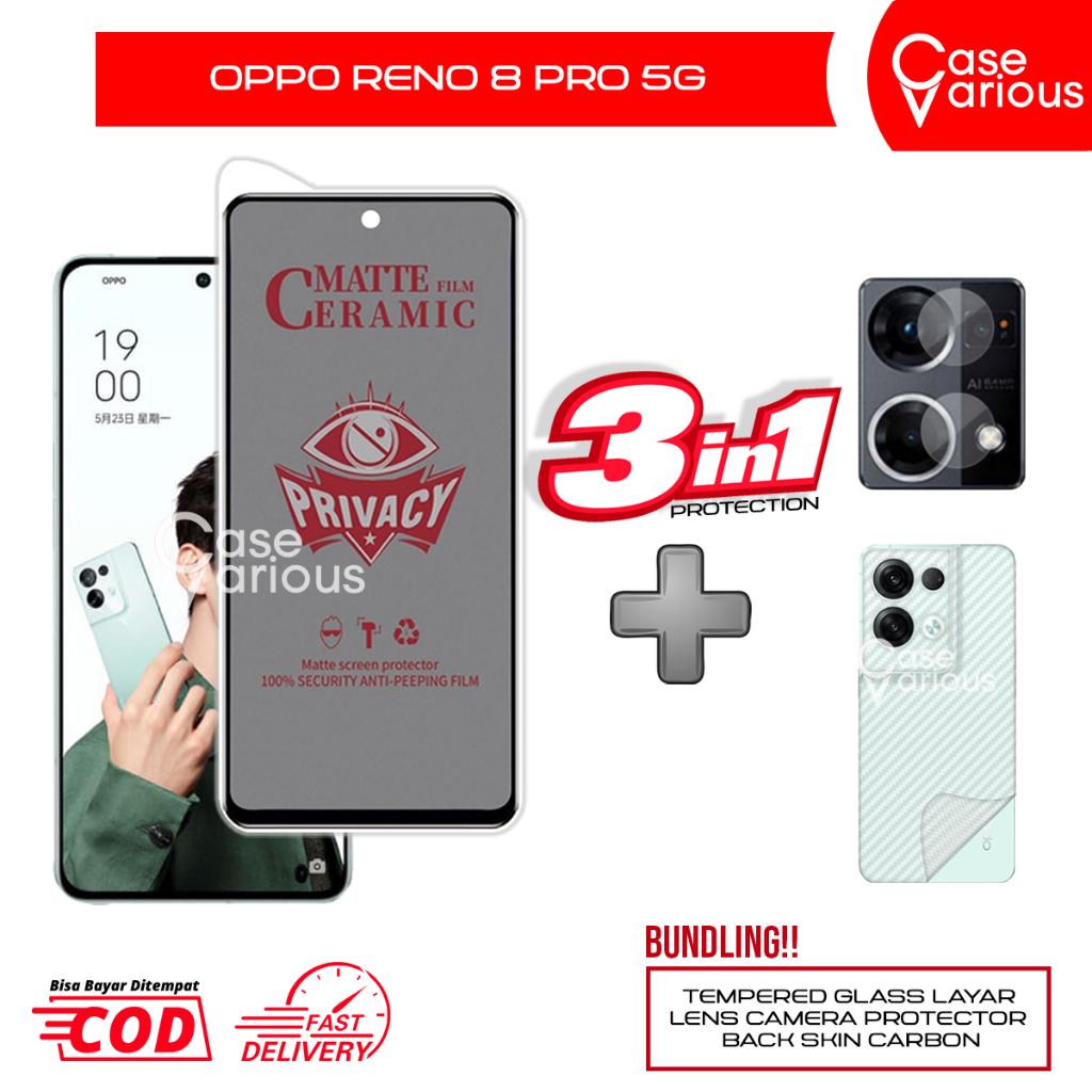Promo Paket 3in1 Anti Gores Privacy Oppo Reno 8 Pro 5G Free Tempered Glass Kamera dan Skin Carbon
