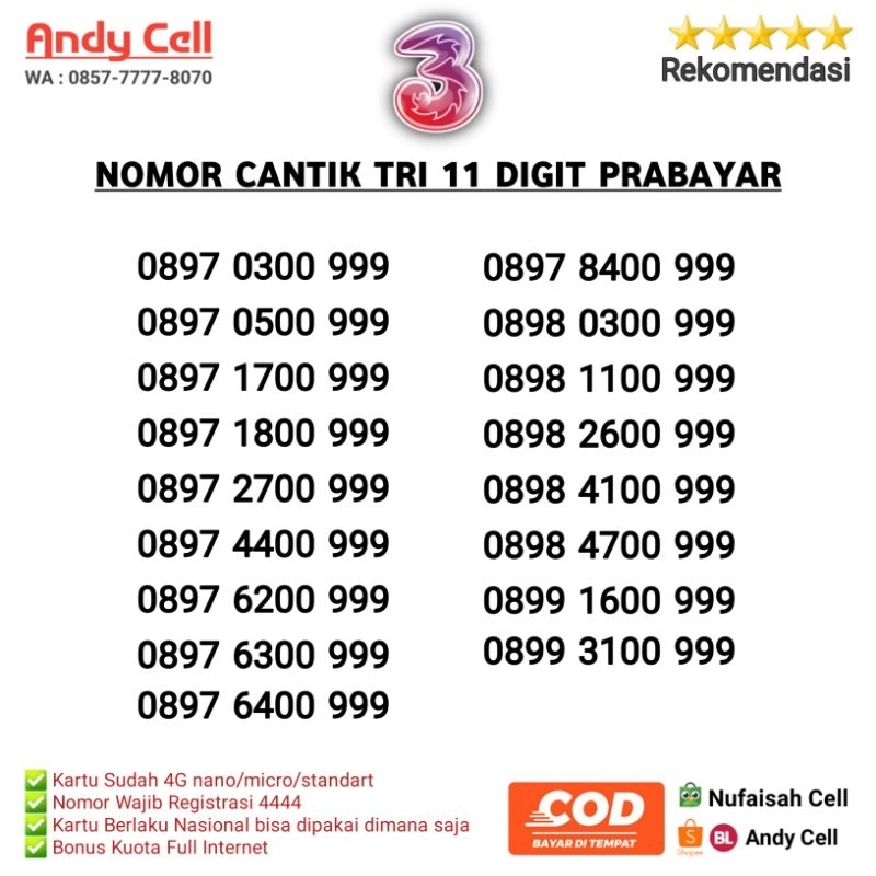nomor cantik tri murah/nomor cantik tri 999/nomor cantik three/nomer cantik tri