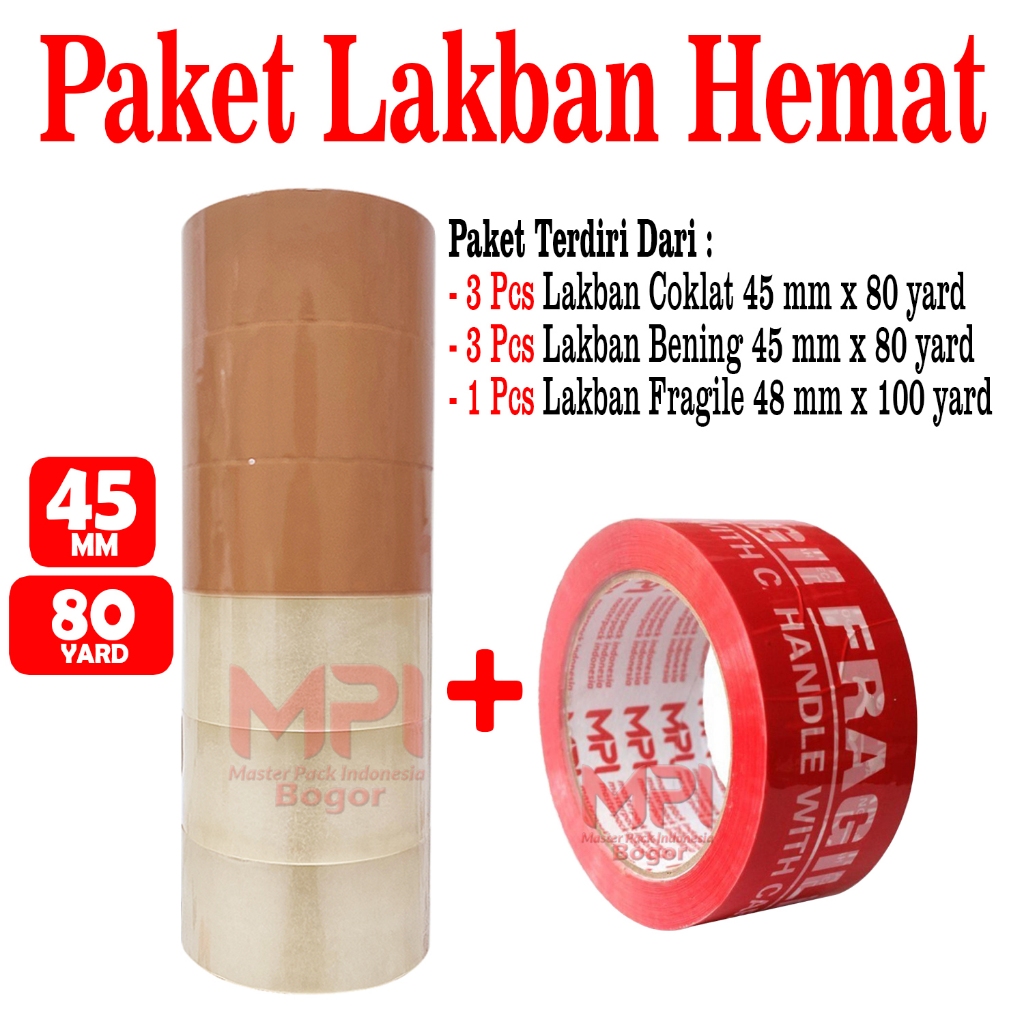 

PAKET LAKBAN HEMAT - 3 PCS Lakban Coklat + 3 PCS Lakban Bening MPI 45 mm x 80 yard + 1 Pcs Lakban Fargile Merah 48 mm x 100 yard - Master Pack Indonesia Bogor