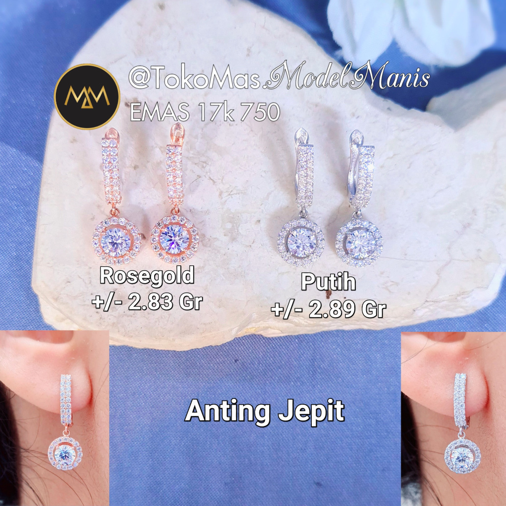 Anting Jepit Chelsea emas putih rosegold 750 kadar 17k