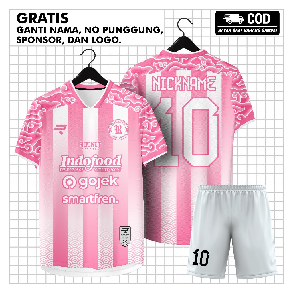 JERSEY FUTSAL BAJU SEPAKBOLA CUSTOM WARNA PINK PRINTING CUSTOM GRATIS NAMA NOMER PUNGGUNG LOGO TEAM 