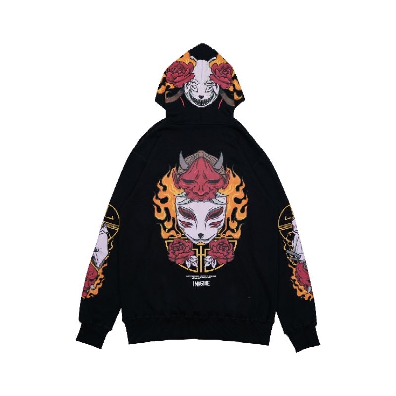 Imagineco Sweater Pullover Hoodie Hitam Unisex Regular Fleece 280 GSM  "Kitsune"