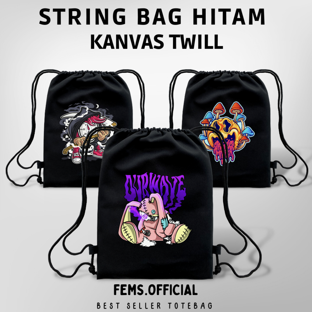 Tas Serut Cartoon String Bag Aesthetic Bahan Kanvas Twill Hitam Tebal