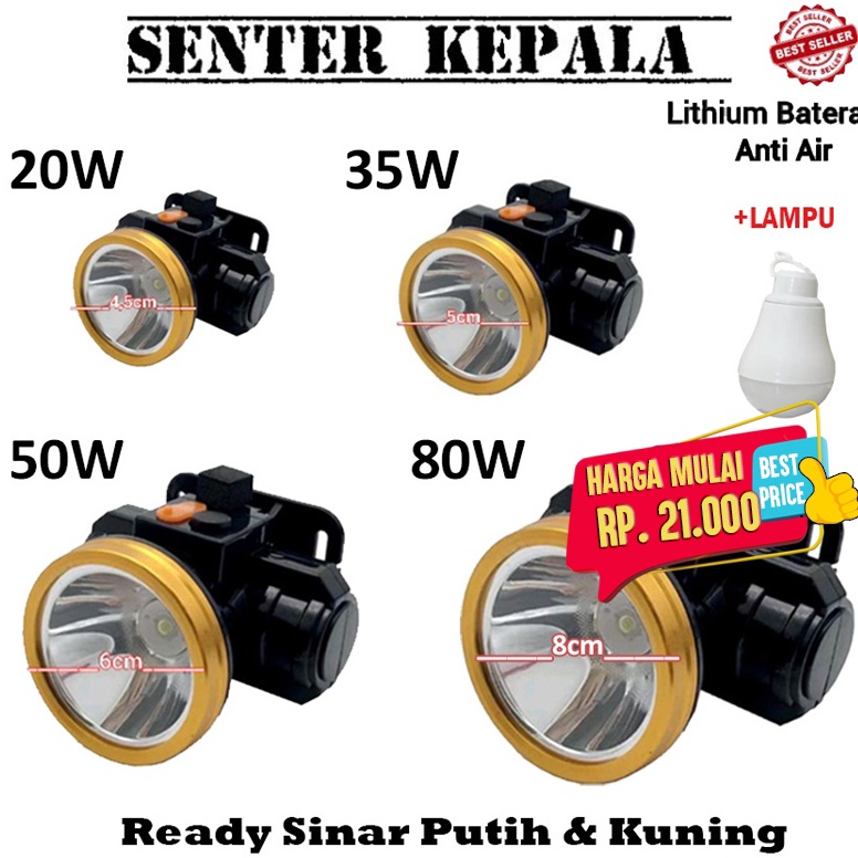 TERBAIK Senter Kepala Head Lamp Nyala Putih Kuning 20Watt / 35Watt / 50Watt / 80Watt