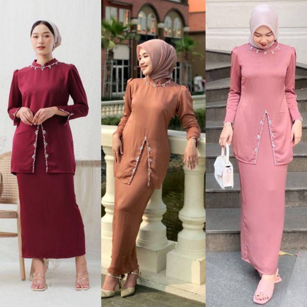 ADA JUMBO - One Set Elliza Kurung Melayu Fashion Wanita Kekinian Full Payet Mutiara Baju Kondangan W