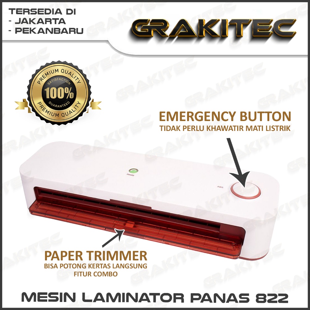 

T3rkini Mesin Laminating A4 / F4 ( 230 mm ) 822 Fitur Combo Laminating + Paper Trimmer + Emergency Button [168]