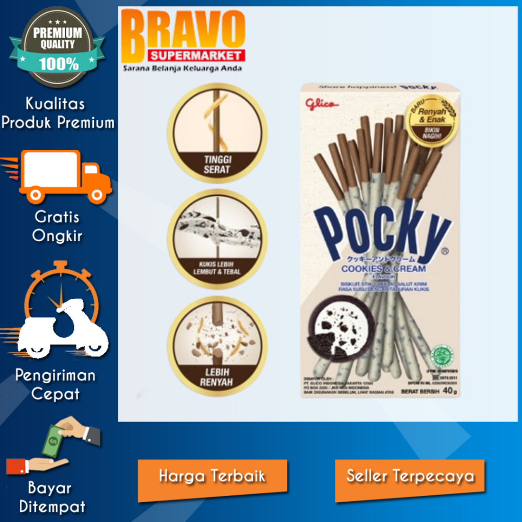 

Bravo Supermarket Tulungagung - Glico Pocky Cookies & Cream Stick Biscuit 40g