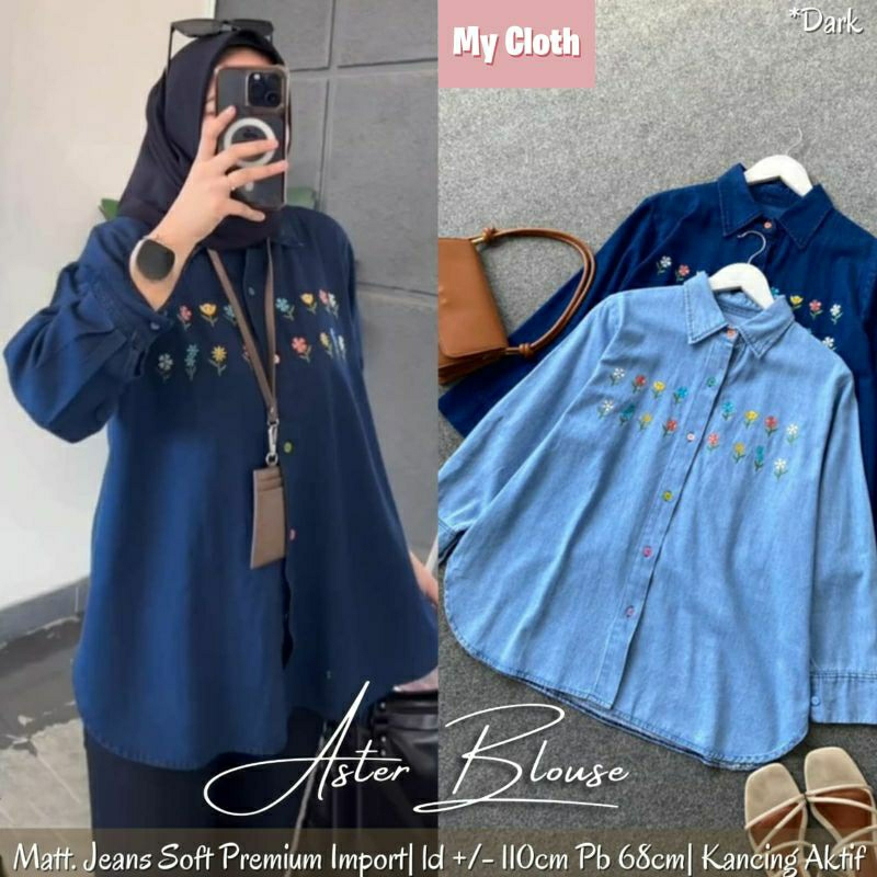 Aster Blouse Jeans Jumbo Fit XL Ld110 Atasan Wanita Muslimah Terbaru Kekinian Busui Kancing