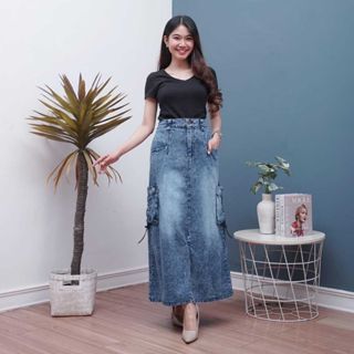 ROK JEANS SKIRT PANJANG / ROK SPAN JEANS THEANA / ROK CARGO HIGHWAIST SNOW BLUE BLACK / ROK KOREA