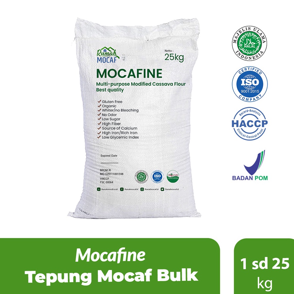 

[✑K80\] Mocafine Tepung Mocaf Sudah BPOM HALAL HACCP ISO 9001 Gluten 1 sd 25 KG Curah BULK Kemasan Ekomonis Serba Murah