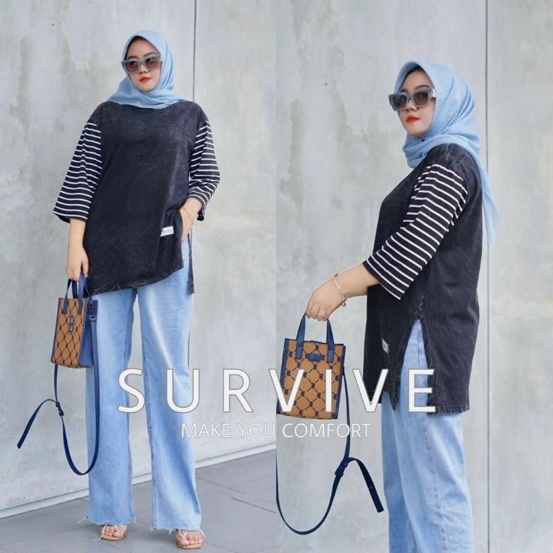 kaos polos oversize snow black motif salur / kaos polos lengan 7/8 / kaos oversize wanita / atasan w