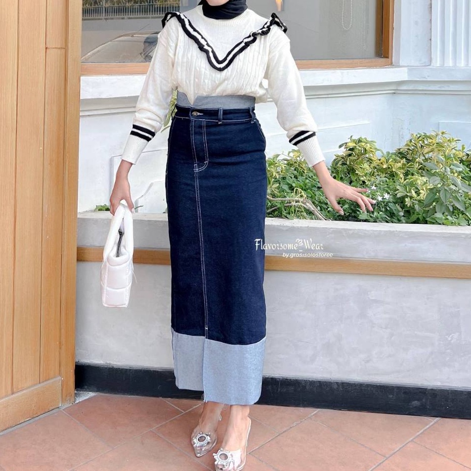 [KODE PNIBT] Two Tone Rok Skrit Jeans Highwaist Wanita
