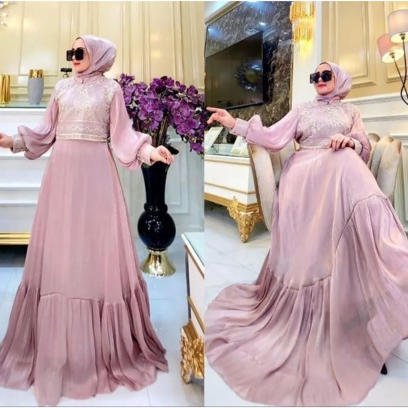 Gamis Muslimah/Gamis Lebaran Jihan Dres Gamis Terbaru Rompi Bordir Bahan Santorini Mix Brukat