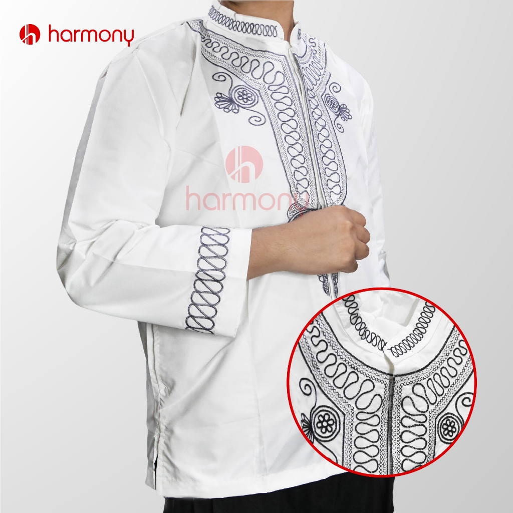 Baju Koko Muslim Putih Kemeja Lengan Panjang Pria Motif Bordil Harmony