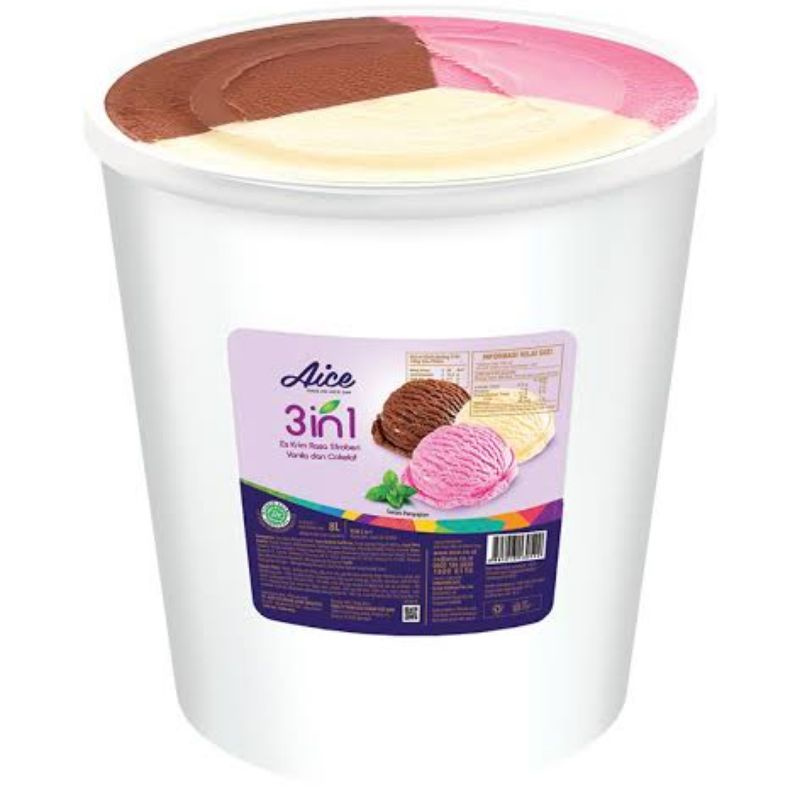 

ESKRIM AICE 3IN1 EMBERAN 8 LITER RASA COKLAT VANILLA DAN STRAWBERRY