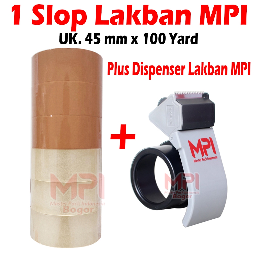 

PAKET 1 SLOP - 3 Pcs Lakban Coklat + 3 Pcs Lakban Bening MPI 45 mm x 100 yard BC + Dispenser Lakban MPI Plastik - Master Pack Indonesia Bogor