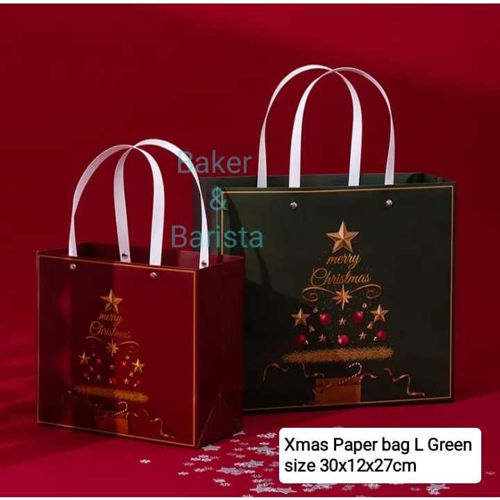 

Xmas Paper bag L GREEN 30x12x27cm / kantong hampers paper bag Natal