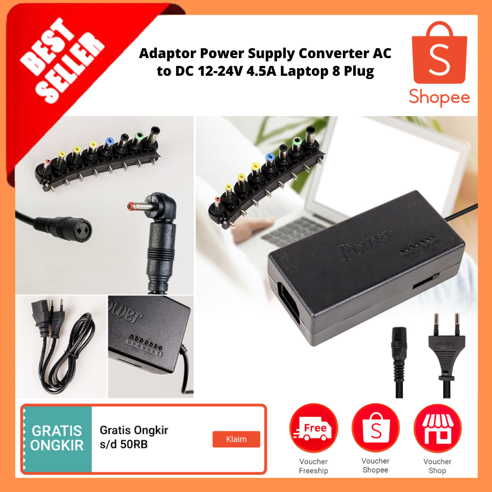 Adaptor Power Supply Converter AC to DC 12-24V 4.5A Laptop 8 Plug / Pengisi Daya Laptop Multifungsi 