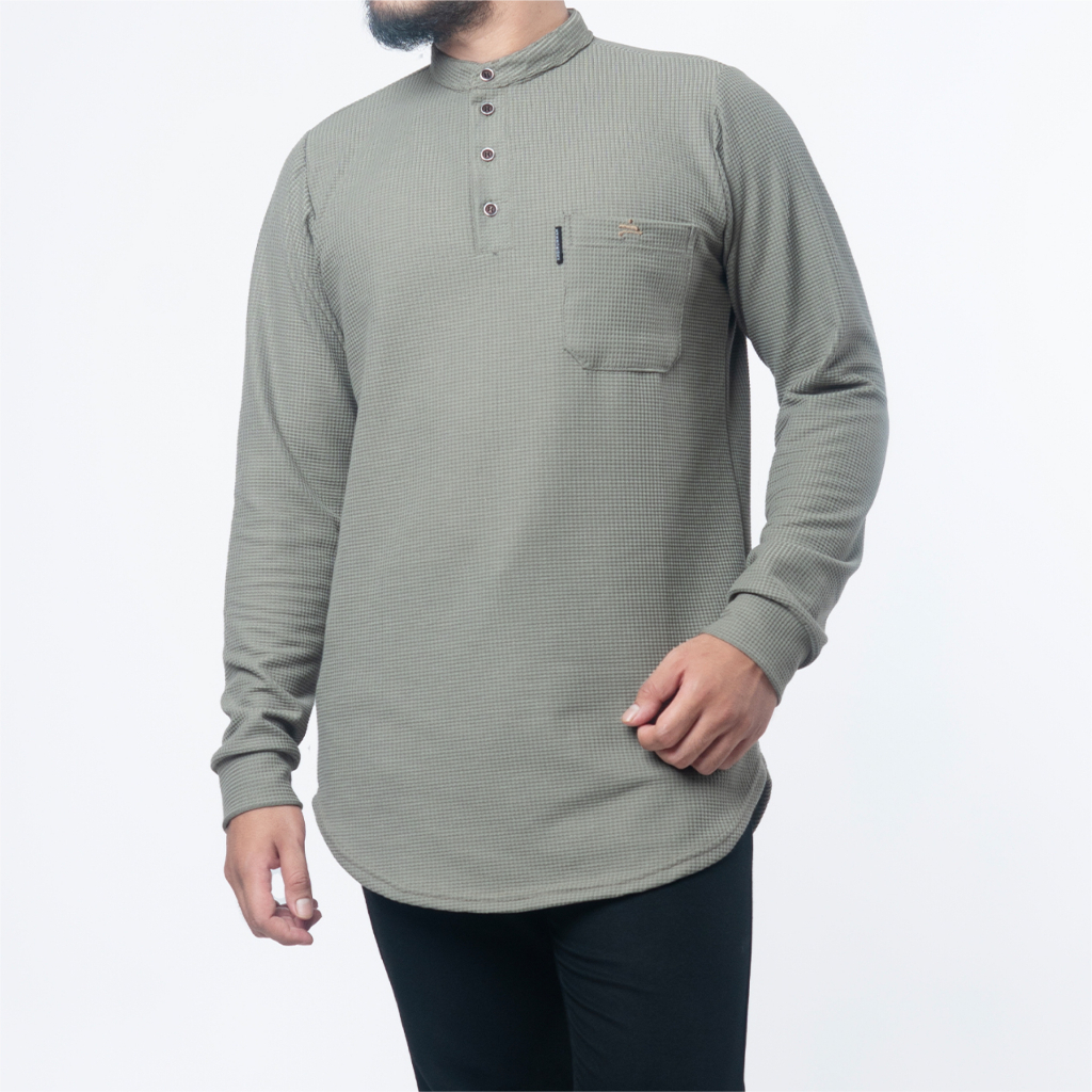 ZONKAS Kurta Zain Dewasa | Kemko Kasual Pria Dewasa | Kemeja Koko Waffle Polos Tangan Panjang | Sage