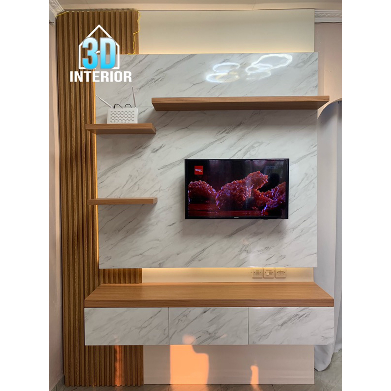 BACKDROP TV / RAK TV MINIMALIS HPL GRANIT DAN COKLAT SERAT