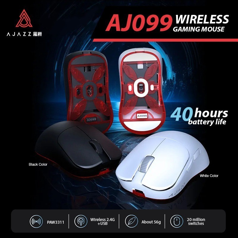 Mouse Gaming Ajazz AJ099 / AJ-099 Ultra-Lightweight 56gram Dual Mode - Putih