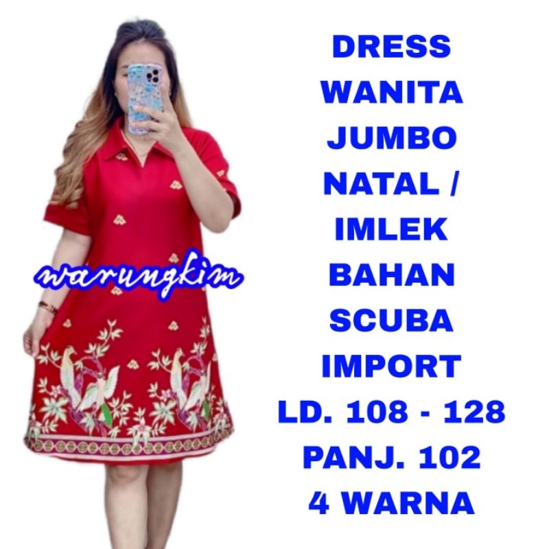 WK DRESS KERAH WANITA JUMBO SCUBA IMPORT BAJU NATAL IMLEK SINCIA LD. 110 120 130