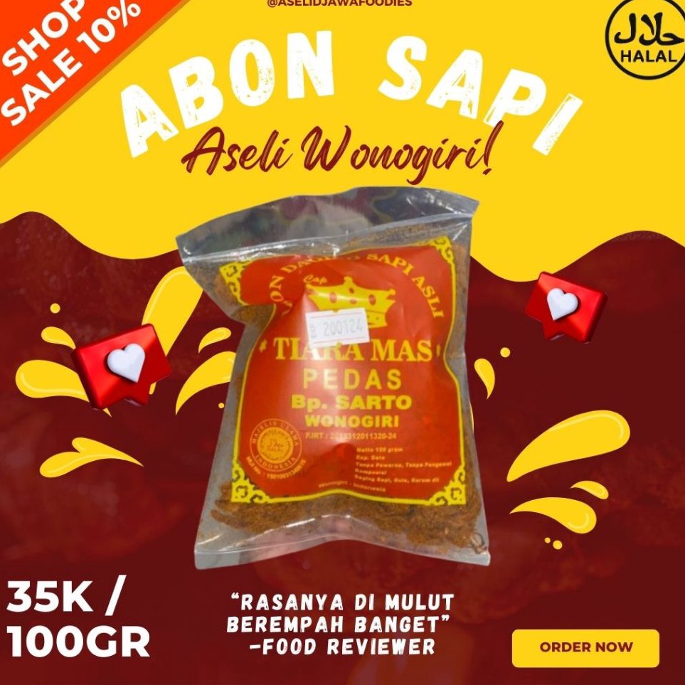 

Ready Stok Abon Sapi Pak Sarto khas Resep Wonogiri - Pack 100gr - Aseli Djawa Foodies - 100% Pure Daging Sapi Asli tanpa Campuran & Pengawet