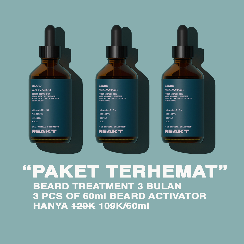 Reakt Minoxidil 5% paket promo 3pcs Anti-hairfall and Hairgrowth Serum / Serum Anti-Rontok dan Penumbuh Rambut Beard Growth Serum / Serum Penumbuh Brewok