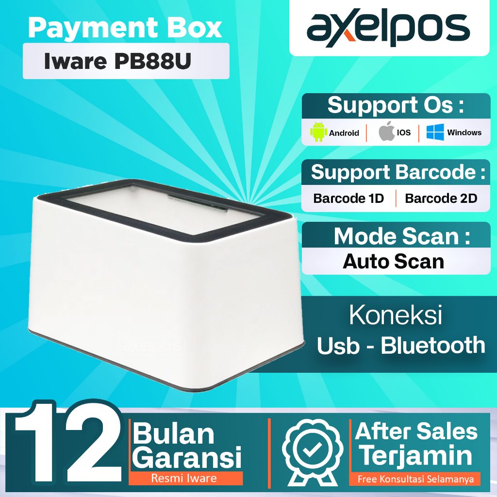 Axelpos OMNI BARCODE SCANNER 1D-2D USB /BLUETOOTH IWARE PB88U PAYMENT BOX QRIS / DANA