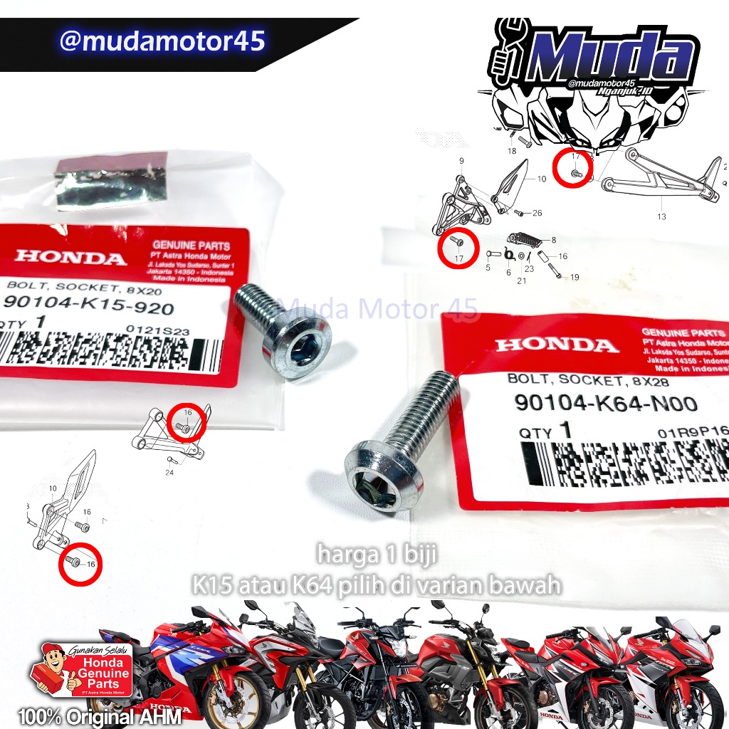 BAUT FOOTSTEP CBR150R CBR250RR CB150R 90104-K15-920 90104-K64-N00 BOLT SOCKET FOOT STEP UNDERBONE 8 