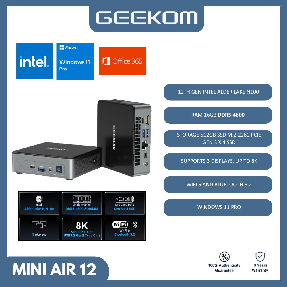 Geekom Mini PC Air 12 Intel N100 RAM 16GB DDR5 512GB SSD Windows 11 Pro