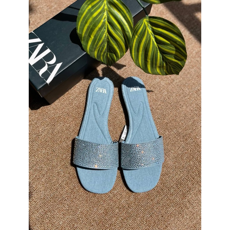 Sepatu Sendal Teplek Datar Wanita ZR Flat Denim Blink Slip On Sandals Shoes Premium Import, Biru Mud