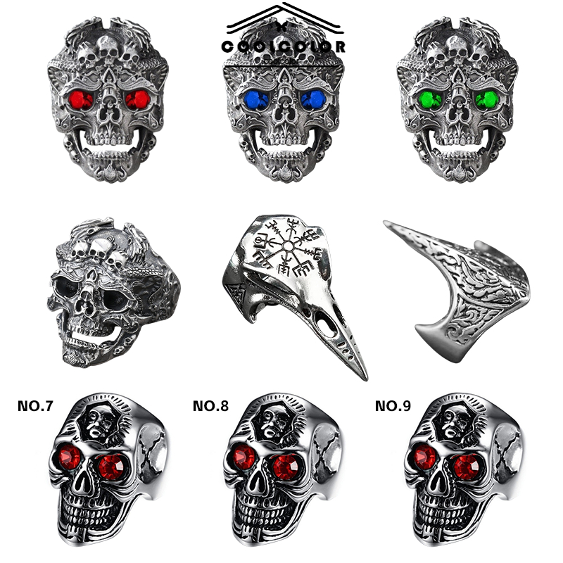 COD❤️Cincin Pria Tengkorak Ruby Zamrud Safir/ Cincin Tengkorak Pria / Cincin Pria Retro Punk Vintage