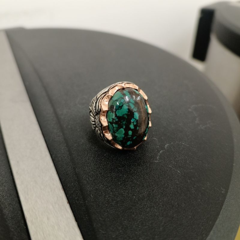 cincin perak pria batu pirus hubei hijau karakter saklar