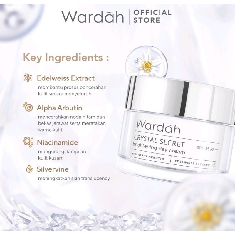 Wardah Crystal Secret Brightening Day Cream - Krim siang dengan Ekstrak Edelweiss dan Niacinamide - 