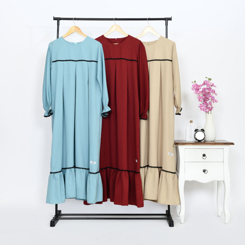 Atqia_Mart - Gamis Renda  Bumil Dress Panjang Muslimah Full Renda Wudhu Friendly  Safeti Aurat Baju 