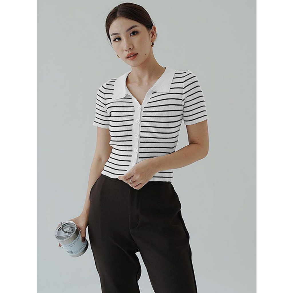 Kalila Camicia Top Polo Baju Rajut Wanita Korean / Atasan Rajut Cewek Strip Kemeja Premium