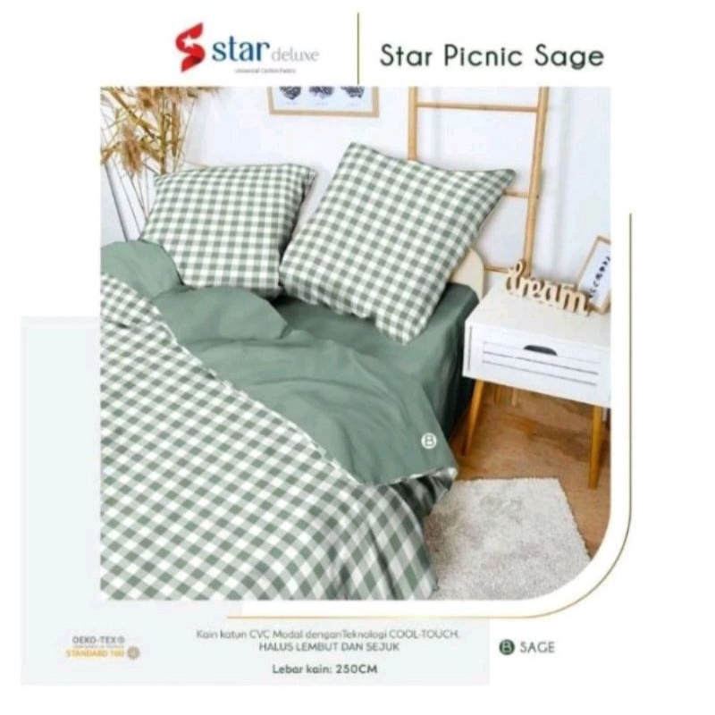 Sprei Kotak Kotak / Sprei Katun Lokal Premium / Sprei Star Picnic Kotak Warna Hijau Sage / Sprei Kat