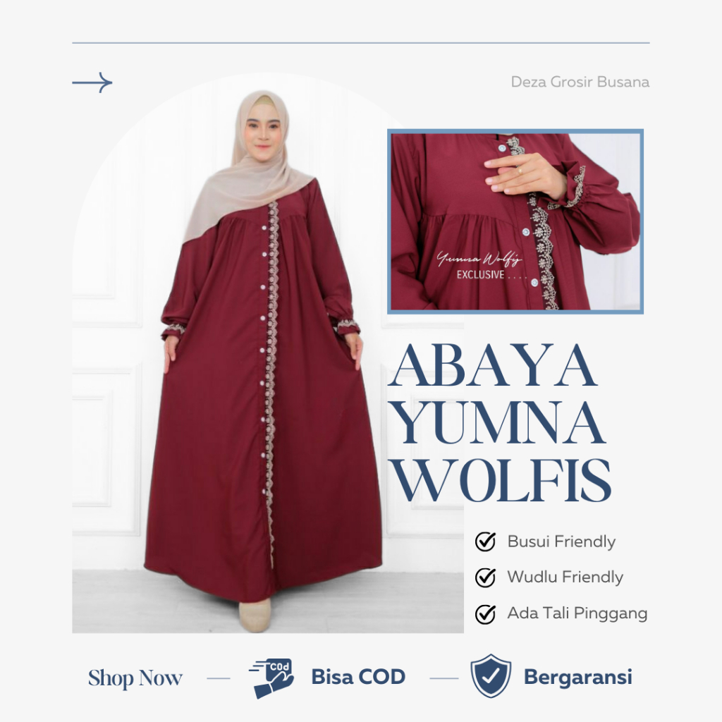 Abaya Yumna Gamis Renda Premium Kaftan Jubah Wanita Perempuan Warna Hitam Bahan Wolfis Kekinian Terb